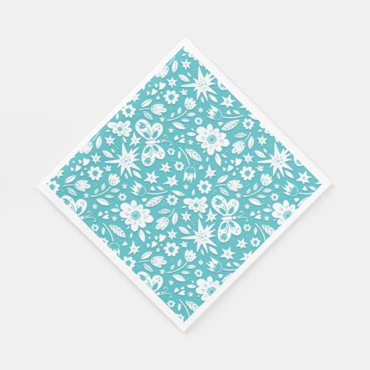 Serviette En Papier Papillons Et Fleurs Sur Aqua (Coin)