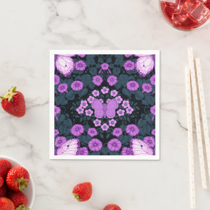 Serviette En Papier Papillons et symétrie des fleurs, violet et bleu