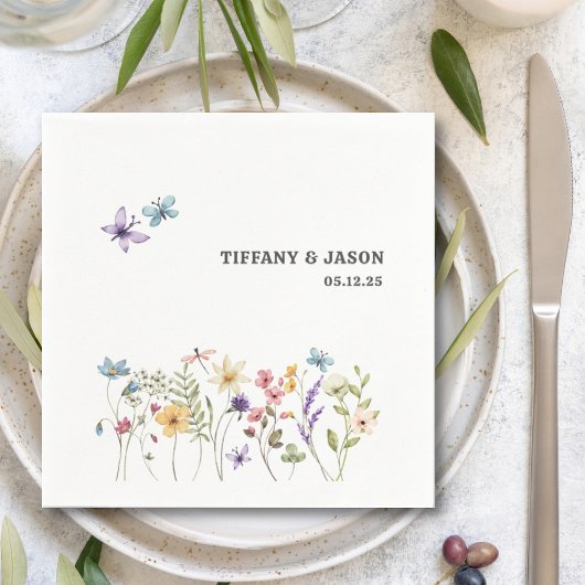 Serviette En Papier Papillons Fleur sauvage d'aquarelle Mariage floral