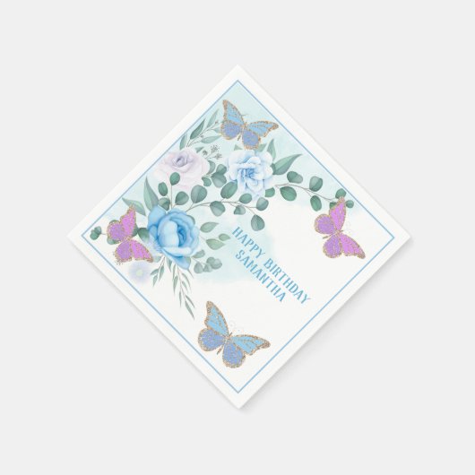 Serviette En Papier Papillons Floral Bleu pourpre Or Anniversaire (Coin)