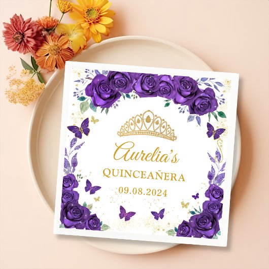 Serviette En Papier Papillons floraux pourpres Quinceanera Napkins