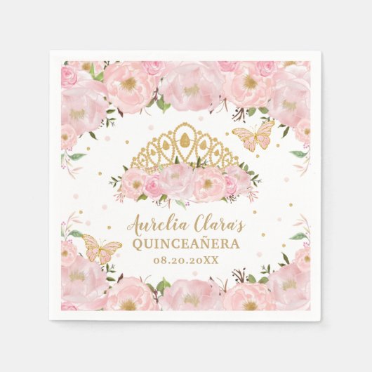 Serviette En Papier Papillons floraux rose vif Tiara QUINCEAÑERA (Devant)