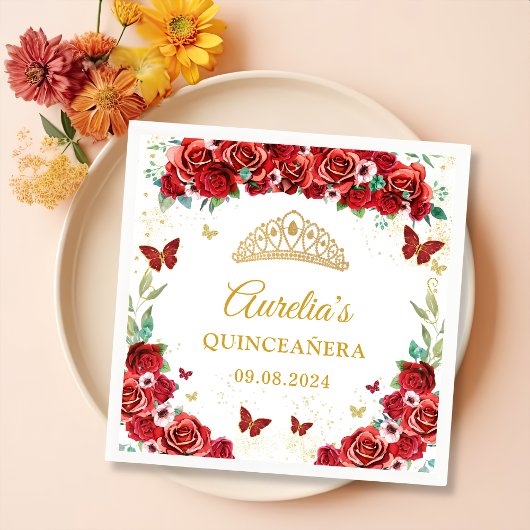Serviette En Papier Papillons floraux Roses rouges Quinceanera Napkins