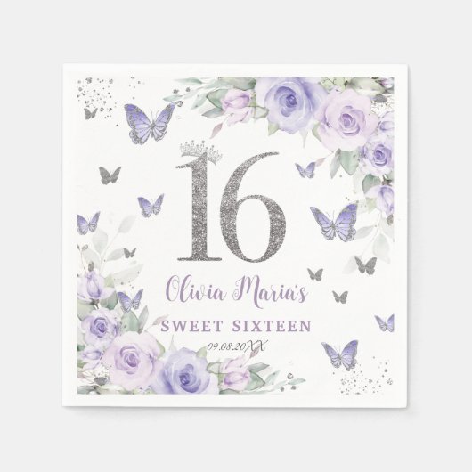 Serviette En Papier Papillons floraux violets lavande doux 16 (Devant)