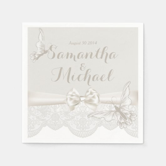 Serviette En Papier Papillons ivoires et dentelle (Devant)