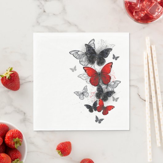 Serviette En Papier Papillons noirs et rouges volants (En situation)