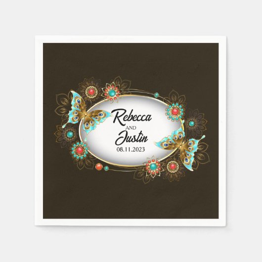 Serviette En Papier Papillons Oval Or Noir Moderne Boho (Devant)