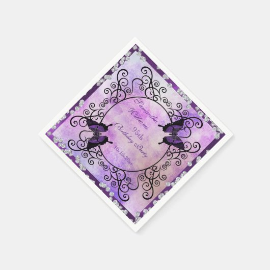 Serviette En Papier Papillons pourpres et diamants 95e anniversaire (Coin)