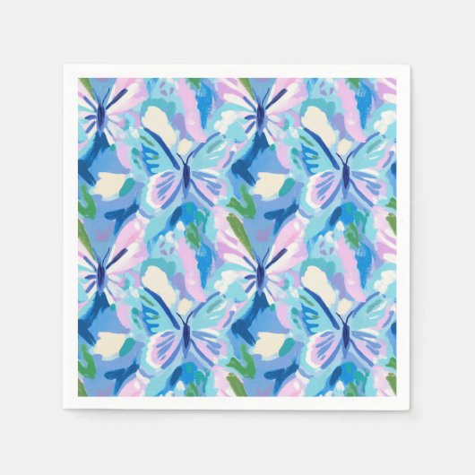 Serviette En Papier Papillons Preppy Motif bleu rose vert (Devant)
