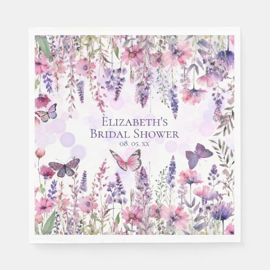 Serviette En Papier Papillons rose pourpre et fleurs Fleurs sauvages (Devant)