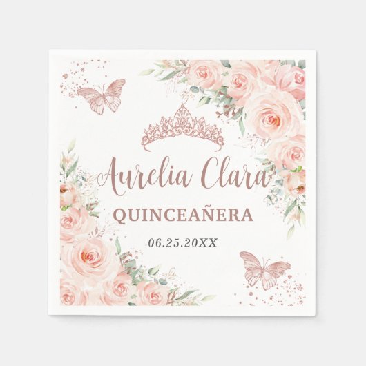 Serviette En Papier Papillons Roses d'or de Quinceanera Blush (Devant)
