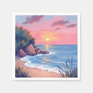 Serviette En Papier Paradise Cove Vagues océaniques aquarelles roses