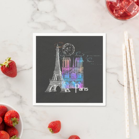 Serviette En Papier Paris Eiffel Notre Dame Rainbow French Napkin (En situation)