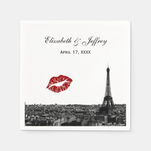 Serviette En Papier Paris France Skyline Kiss #1 BW Mariage (Devant)