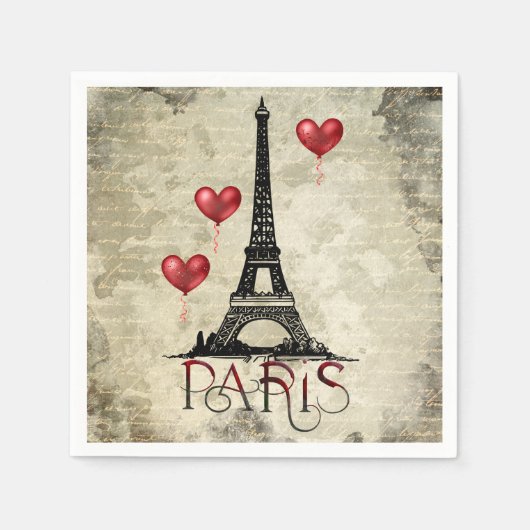 Serviette En Papier Paris, Tour Eiffel et Ballons du Coeur Rouge Scrip (Devant)