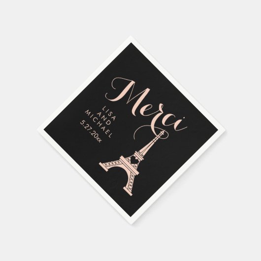 Serviette En Papier Paris Tour Eiffel Mariage Noir et Rose Merci (Coin)