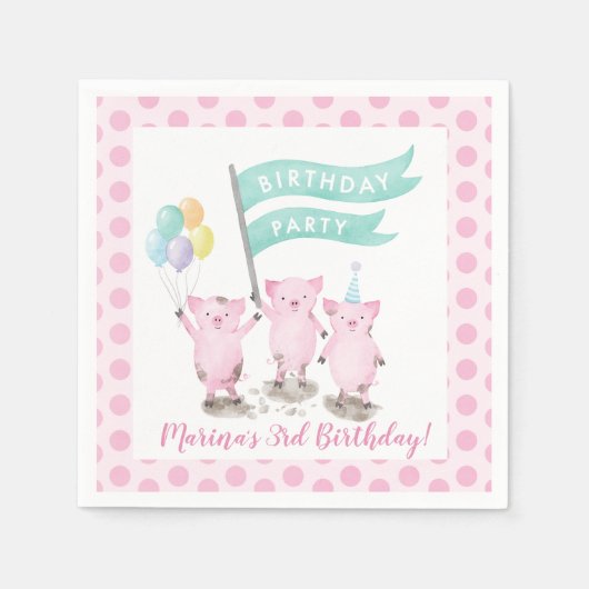 Serviette En Papier Parti Anniversaire de enfant rose Piggys (Devant)