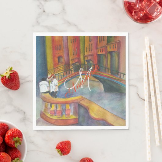 SERVIETTE EN PAPIER PARTI MONOGRAMME DU CANAL DE VENISE (En situation)