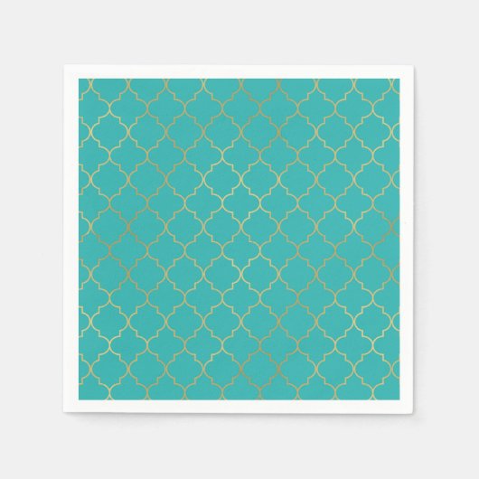 Serviette En Papier Parti Motif Quatrefoil turquoise & Gold (Devant)