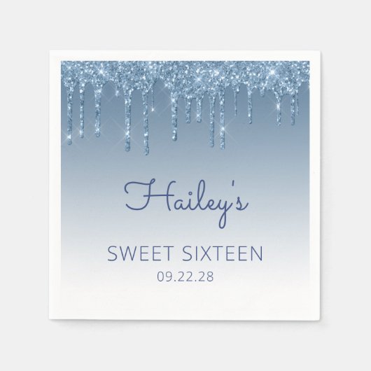 Serviette En Papier Parties scintillant à goutte bleue Glam Sweet 16 f (Devant)