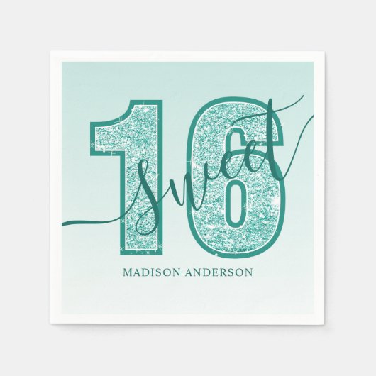 Serviette En Papier Parties scintillant Aqua turquoise Script Sweet 16 (Devant)