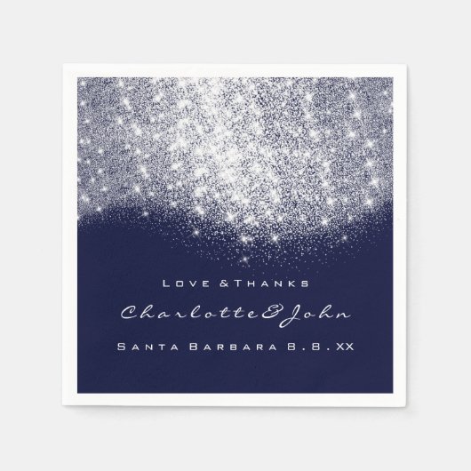 Serviette En Papier Parties scintillant Argent Blanc Bleu Marine Merci (Devant)
