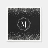 Serviette En Papier Parties scintillant Argent Et Noir Élégant Monogra (Devant)