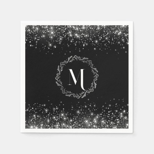Serviette En Papier Parties scintillant Argent Et Noir Élégant Monogra (Devant)