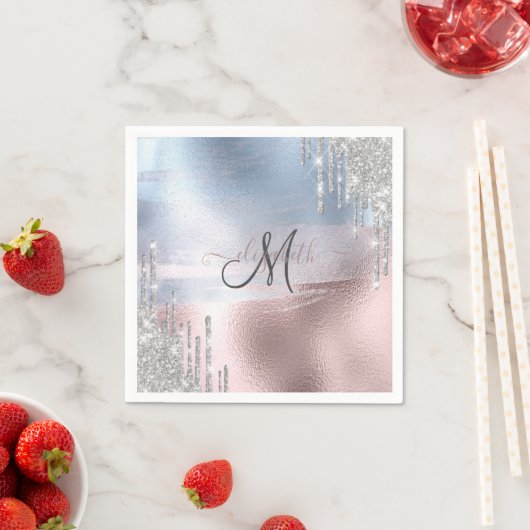 Serviette En Papier Parties scintillant argent gouttes Rose bleu métal (En situation)