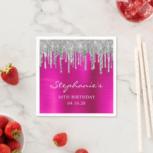 Serviette En Papier Parties scintillant argent gouttes rose chaud 50e  (En situation)