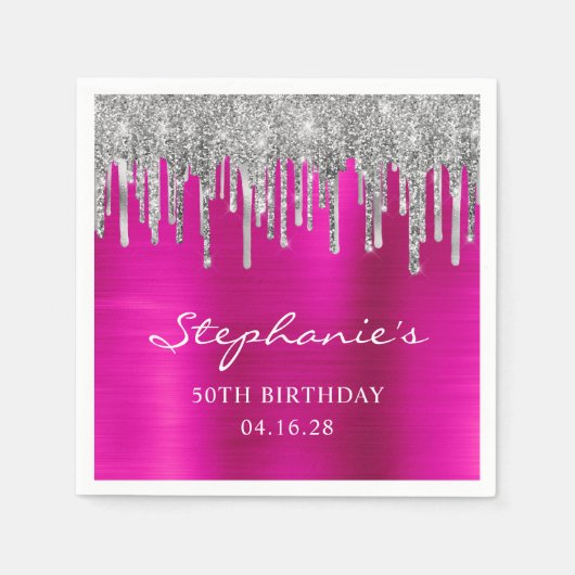 Serviette En Papier Parties scintillant argent gouttes rose chaud 50e (Devant)