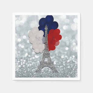 Serviette En Papier Parties scintillant Argent Tour Eiffel Rouge Blanc
