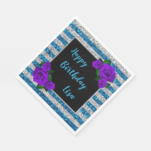Serviette En Papier Parties scintillant bleu argent rayures violet Ros (Coin)