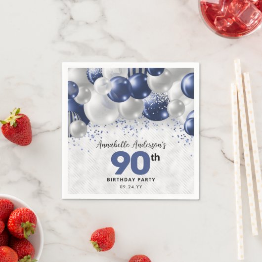 Serviette En Papier Parties scintillant bleu marine en argent 90e anni (En situation)