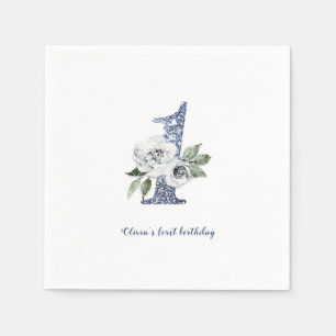 Serviette En Papier Parties scintillant bleue étincelante et fleurie 1