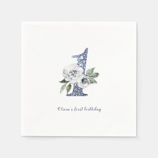 Serviette En Papier Parties scintillant bleue étincelante et fleurie 1 (Devant)