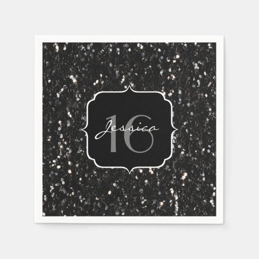 Serviette En Papier Parties scintillant brillante noire et blanche Dou (Devant)