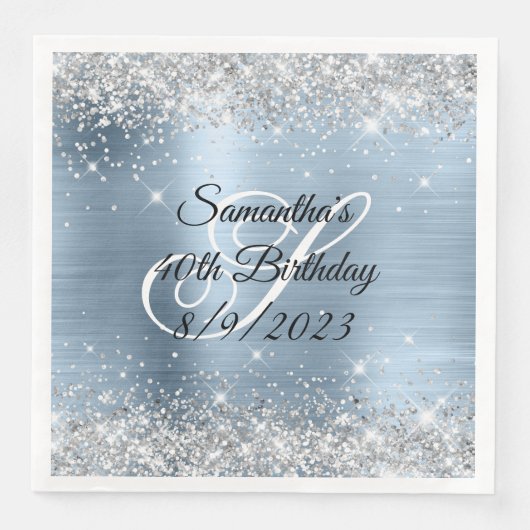 Serviette En Papier Parties scintillant d'argent bleu clair huile 40e  (Devant)