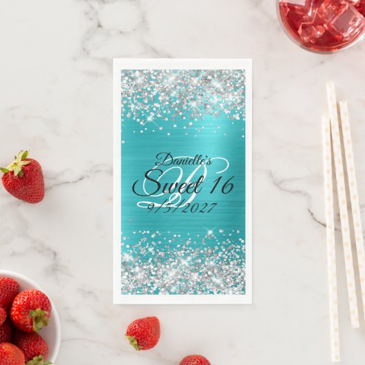 Serviette En Papier Parties scintillant d'argent brillant Turquoise bl (En situation)