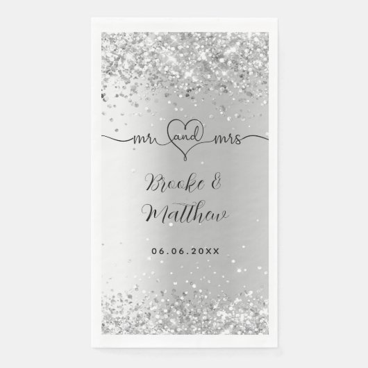 Serviette En Papier Parties scintillant d'argent élégant script m mrs (Devant)
