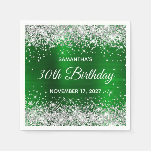 Serviette En Papier Parties scintillant d'argent Emerald Green Foil 30 (Devant)