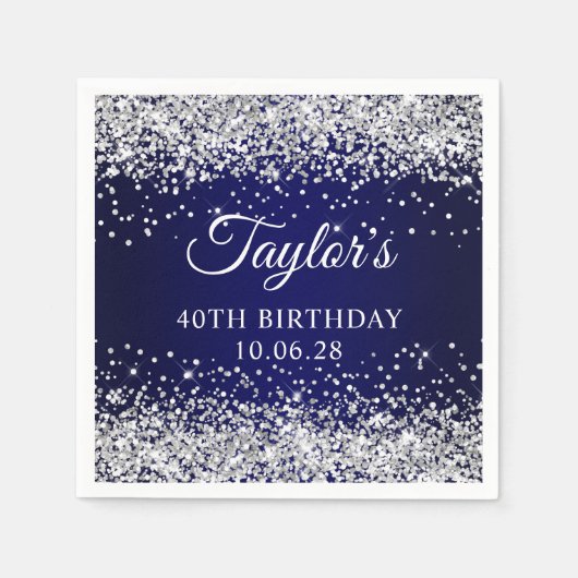 Serviette En Papier Parties scintillant d'argent et bleu marine 40e an (Devant)