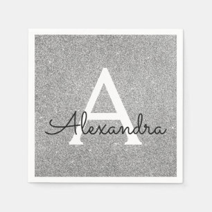 Serviette En Papier Parties scintillant d'argent et Monogramme étincel