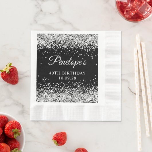 Serviette En Papier Parties scintillant d'argent et Noir 40e anniversa (En situation)