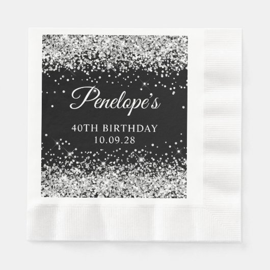 Serviette En Papier Parties scintillant d'argent et Noir 40e anniversa (Devant)