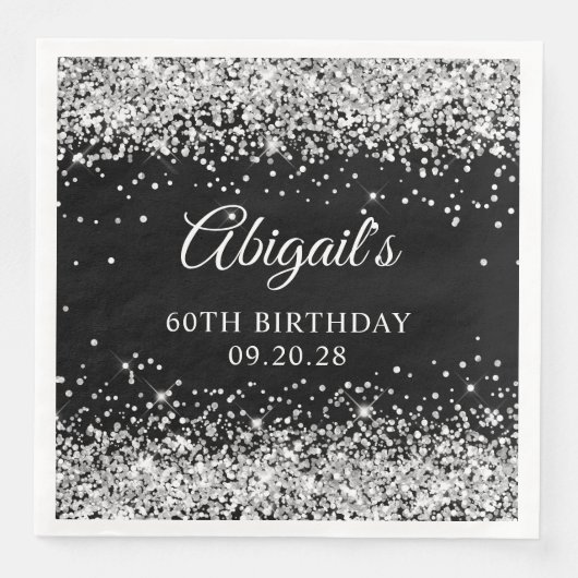 Serviette En Papier Parties scintillant d'argent et noir 60e anniversa (Devant)