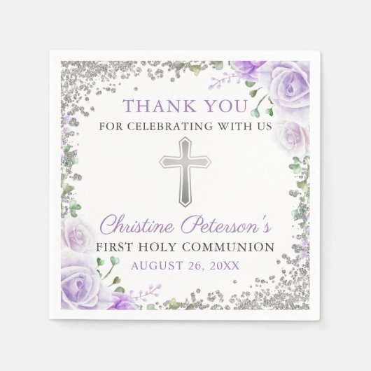 Serviette En Papier Parties scintillant d'argent florale pourpre Premi (Devant)