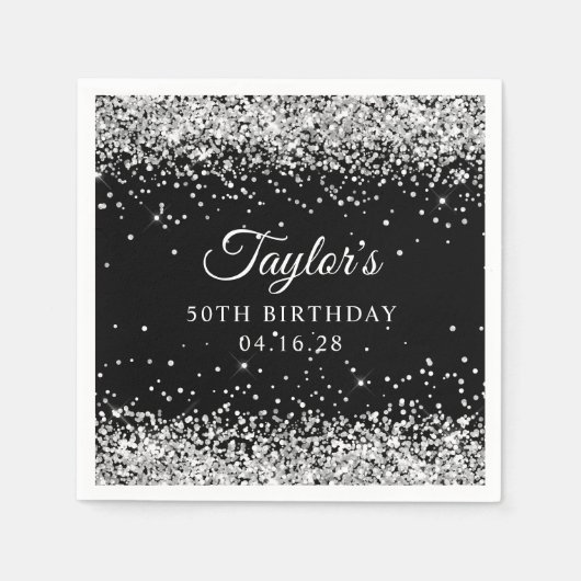 Serviette En Papier Parties scintillant d'argent Noir 50e anniversaire (Devant)