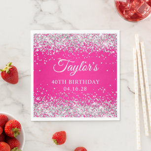 Serviette En Papier Parties scintillant d'argent rose chaud 40e annive