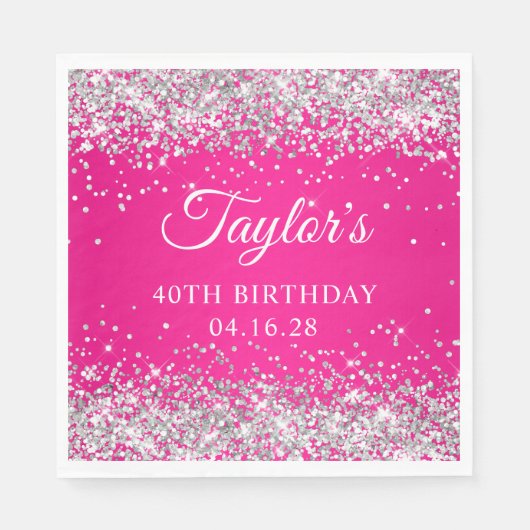Serviette En Papier Parties scintillant d'argent rose chaud 40e annive (Devant)